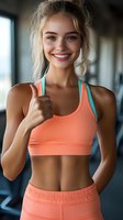Young Caucasian woman in coral sports bra and matching workout attire showing thumbs up at gym. Genuine smile and messy blonde hair create welcoming fitness motivation scene.