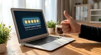 Customer giving thumbs up to five star rating on laptop screen for excellent service feedback and positive online review experience.