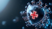 Medical shield with glowing red cross protecting against virus cell structure on dark background with bokeh effect and copy space for healthcare concept.