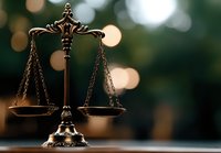 Decorative brass scales of justice against blurred bokeh background, symbolizing law, balance, and legal system. Professional attorney office concept.