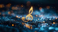 Glowing golden treble clef with sparkles and bokeh lights on dark blue background, magical music symbol with glitter effect for concert posters and events.