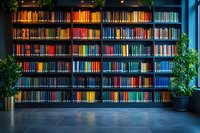 Colorful rainbow arrangement of books on dark wooden shelves in modern library interior with potted plants and natural lighting through windows.