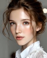 Young Caucasian woman with natural makeup, glowing skin, and romantic updo hairstyle wearing white blouse, looking at camera with gentle expression. Professional beauty portrait.