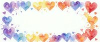 Watercolor rainbow hearts frame border with white center space for text. Colorful love symbols in gradient hues create romantic design element for cards and invitations.