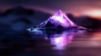 Glowing purple mountain peak reflecting in calm water against dark twilight sky, creating mystical atmosphere with vibrant neon colors and mirror effect.
