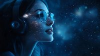 Young Asian woman in glasses and headphones gazing at starry night sky, illuminated by ethereal blue light, profile view capturing wonder and contemplation.