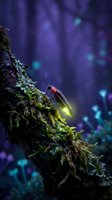 Glowing firefly on moss-covered tree bark in enchanted forest with magical blue bokeh lights creating mystical atmosphere for nature and fantasy themes.