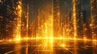 Futuristic digital cityscape with glowing golden light rays and reflective grid surface creating perspective view of illuminated skyscrapers in cyber environment.