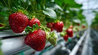 Fresh ripe strawberries growing on plants in greenhouse cultivation rows, organic farming agriculture produce ready for harvest season.