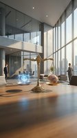 Golden scales of justice balance a glowing AI hologram against a human brain in a modern corporate office, symbolizing AI ethics debate.