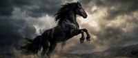 Black horse rearing up on hind legs against dramatic stormy sky with clouds and mountains, conveying power, strength, and wild nature for equestrian and adventure themes.