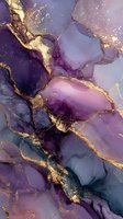 Abstract purple and gold marble texture with flowing organic shapes and metallic veins for luxury design projects and elegant backgrounds.