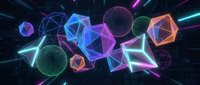 Futuristic geometric shapes floating in neon cyber space with glowing wireframe spheres and polygonal crystals on dark background for digital art projects.