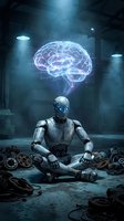 Futuristic humanoid robot meditating with glowing holographic brain projection above head in dark industrial warehouse surrounded by mechanical parts.