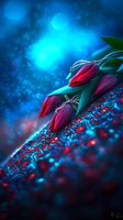 Red tulips on sparkling blue background with water drops and bokeh lights create dreamy romantic atmosphere for valentines cards and spring designs.