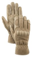 Tan tactical gloves with reinforced knuckle protection and padded palm grip, designed for military, law enforcement, and outdoor activities on white background.