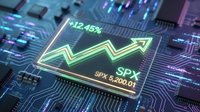 Stock market index growth visualization with glowing neon arrow showing positive performance increase, SPX trading data and percentage gains on digital circuit board background.
