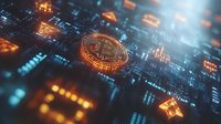 Glowing cryptocurrency symbol on digital matrix background with binary code and network connections. Modern financial technology concept for business presentations.
