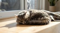 Tabby cat resting on wooden floor in sunlight near window, relaxed domestic pet lounging indoors for lifestyle and animal content.
