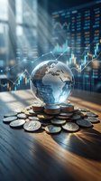 Global financial growth concept with transparent earth globe on coins and rising market charts in modern trading office environment.