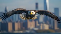 Majestic bald eagle soaring against urban skyline backdrop, wings fully extended in flight, displaying powerful predatory stance with focused gaze and detailed feathers.