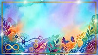 Colorful abstract landscape with infinity symbol, decorative botanical elements, and vibrant gradient sky transitioning from turquoise to purple and gold. Isolated on transparent background, ready for design projects.