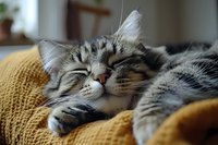 Tabby kitten relaxing on yellow knitted blanket, eyes closed in contentment. Domestic cat resting indoors on cozy furniture.