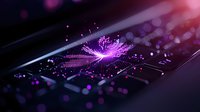 Glowing purple digital explosion with light rays emanating from center point on dark computer circuit board background, representing technological advancement and innovation.