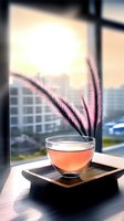 Glass cup of rose wine with decorative pink feathers on wooden tray against blurred cityscape window view, creating romantic atmosphere for social media and lifestyle content.