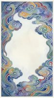 Watercolor cloud border frame with swirling ornamental design in rainbow colors on white background for invitations and decorative projects.