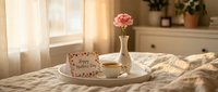 Cozy bedroom morning scene with breakfast tray on bed featuring coffee cup, pink carnations in vase and greeting card in warm sunlight streaming through window.