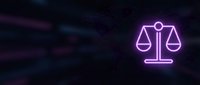 Purple neon scales of justice glowing against dark digital background for legal services, law firm branding, and attorney marketing materials.