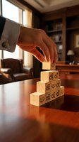 Businessman placing wooden block with gear symbol on stack, representing business growth, strategy, and organizational development in modern office setting.
