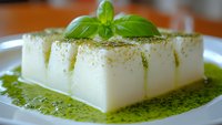 Creamy white panna cotta dessert with vibrant green basil sauce and fresh herb garnish on white plate, served as elegant restaurant cuisine.