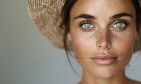 Young woman with natural freckles, bright blue eyes and glowing skin wearing straw hat in soft natural light, close up beauty portrait with minimal makeup look.