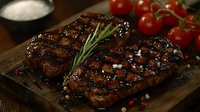 Grilled ribeye steak with rosemary sprig and sea salt on rustic wooden board, served with fresh cherry tomatoes and peppercorns. Dark moody food photography.