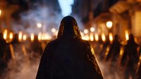 Mysterious hooded figure silhouetted against glowing street lanterns in foggy night atmosphere, creating dark fantasy medieval mood for book covers and gaming art.