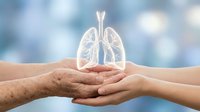 Elderly and young hands protecting glowing transparent lungs symbol representing respiratory health care, medical support and intergenerational wellness concept.