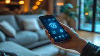 Smart home control interface on mobile phone screen with glowing blue icons showing house automation system in cozy evening living room atmosphere.