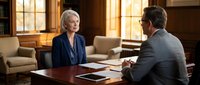 Mature blonde woman in navy blazer and middle-aged man in gray suit discussing business at wooden desk in elegant office with warm lighting and classic furnishings.