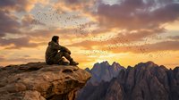 Solitary hiker sits on rocky cliff watching flock of birds fly across golden sunset sky over dramatic mountain peaks during peaceful evening meditation.