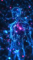 Digital human figure composed of glowing blue and pink network lines against dark background with bokeh light effects, representing technology and AI.