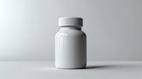 White medicine bottle with ribbed cap on neutral background, minimalist pharmaceutical container mockup for supplement and vitamin packaging design.