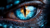 Close-up macro shot of reptile dragon eye with vibrant blue iris and vertical pupil surrounded by detailed textured scales for fantasy artwork.
