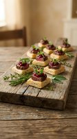 Gourmet puff pastry appetizers with cranberry sauce and fresh herbs on rustic wooden board for elegant entertaining and holiday celebrations.