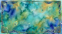 Watercolor background in teal, blue and green tones with golden peacock feather ornamental border, rich texture for cards and design.