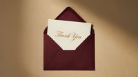 Elegant thank you card in a deep burgundy envelope on a warm beige background, perfect for gratitude, wedding, and appreciation themes.
