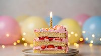 Birthday cake slice with lit candle, strawberry filling and pink frosting on plate. Colorful balloons and fairy lights create festive party atmosphere.