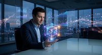 Professional businessman analyzing holographic data cube with digital interface technology in modern office environment at night.