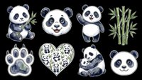 Panda bear characters isolated on transparent background, ready for t-shirt design, clipart, stickers, sublimation and print-on-demand products. Includes cute sitting pandas, smiling face, paw print and bamboo elements.